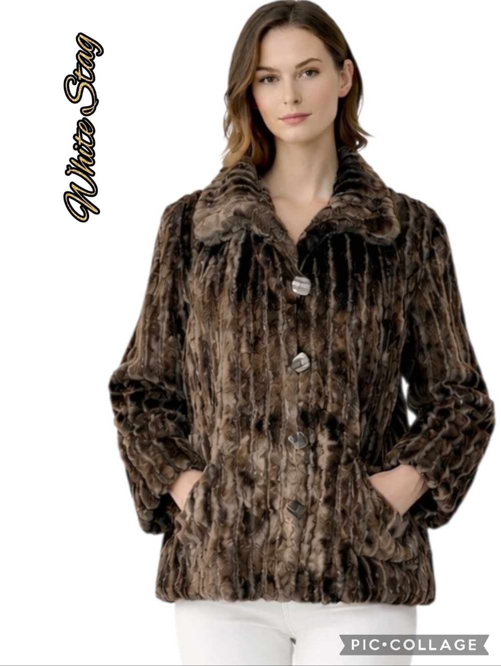 White Stag coat faux fur brown fully lined, side pockets button front sz xl